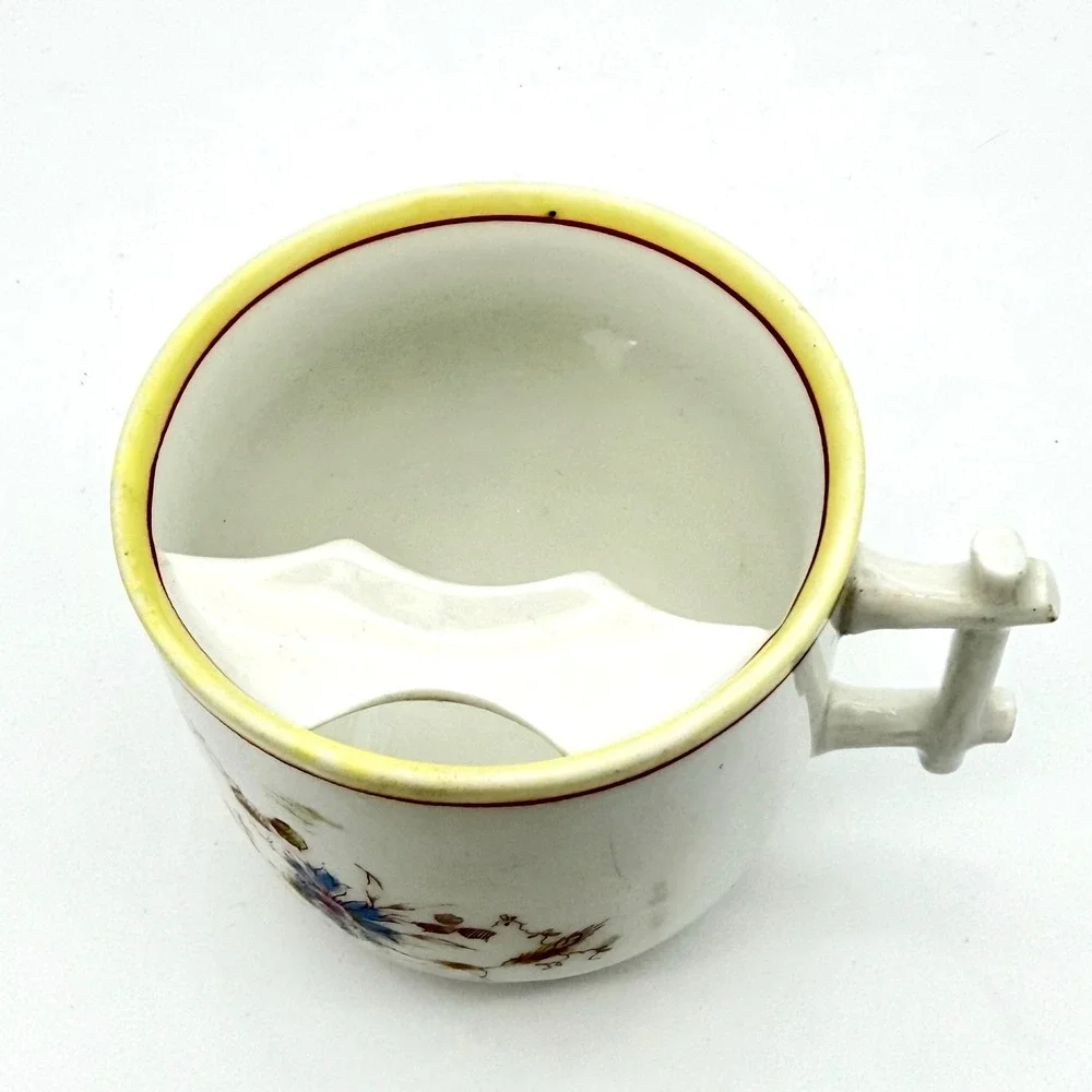 Antique Germany Mustache Cup Porcelain Floral Forget Me Not Branch Handle White